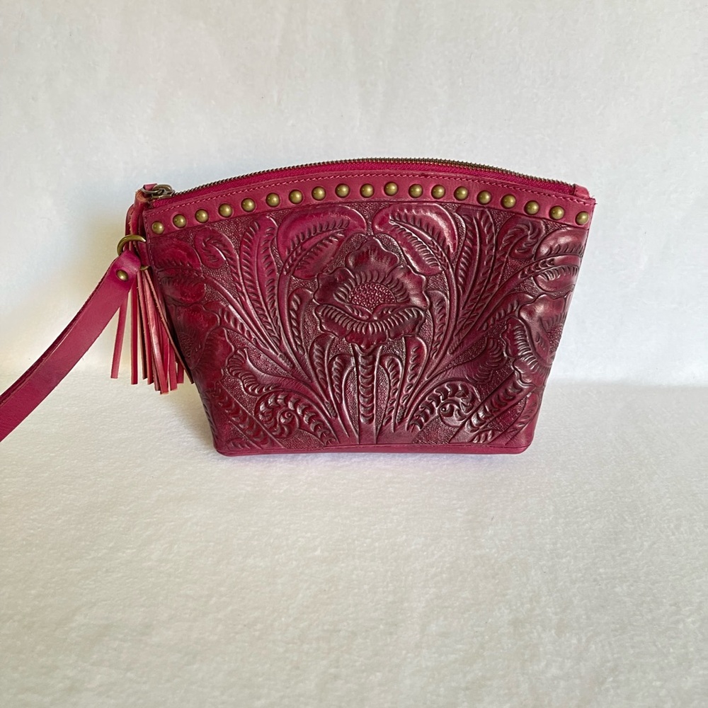Embossed Burgundy Tooled Leather Clutch Wristlet Handbag